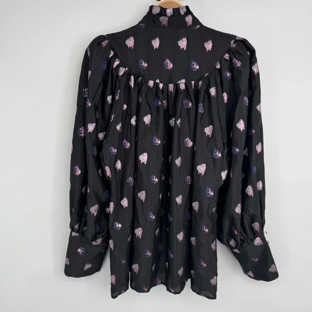 Tuckernuck Corrigan Blouse XXXL Black Pink Blurred Dot Fil Coupe Puff Sleeve